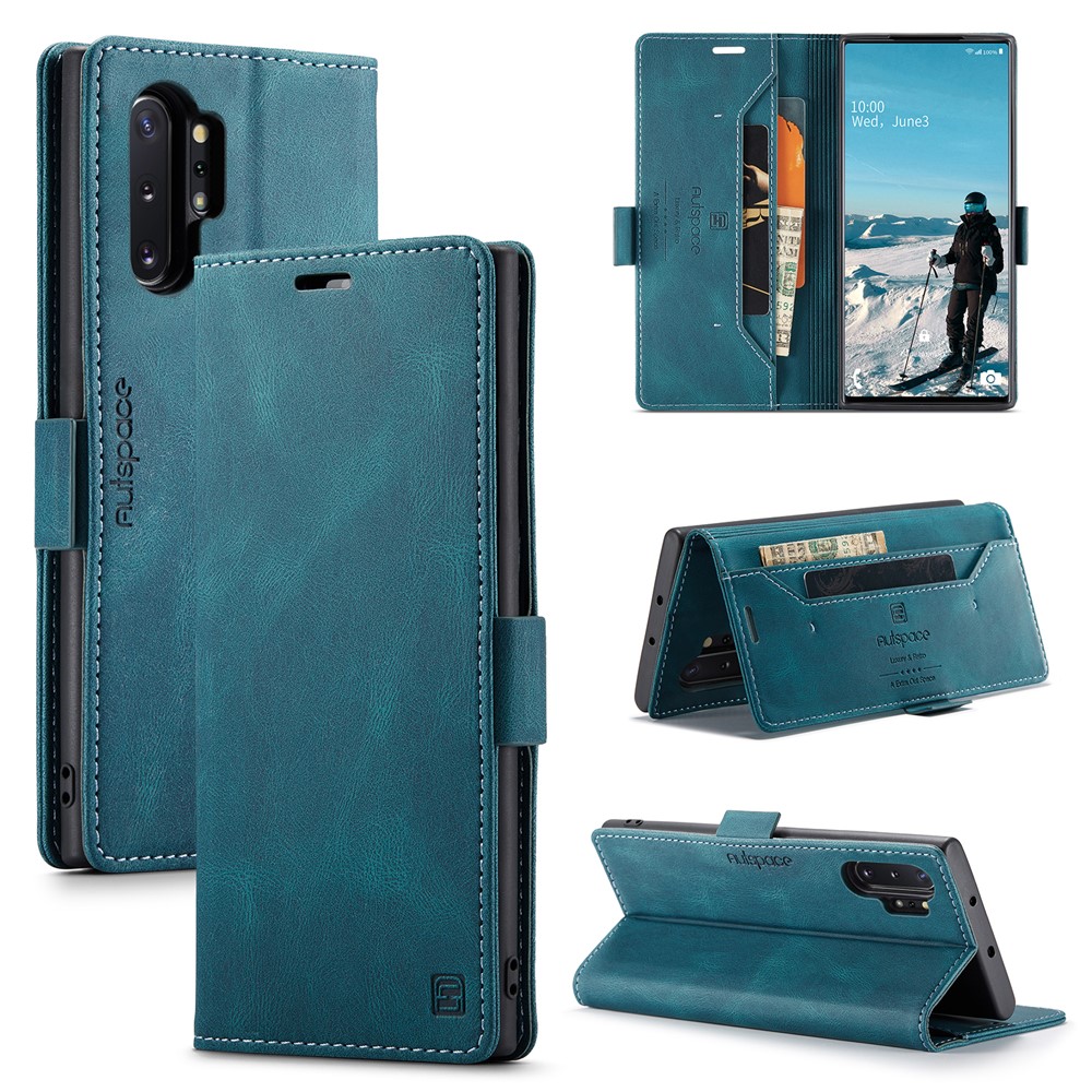 AUTSPACE For Samsung Galaxy Note 10 Plus 4G Wallet Case  A01 Leather Stand Cover with RFID Blocking Card Holder - Blue