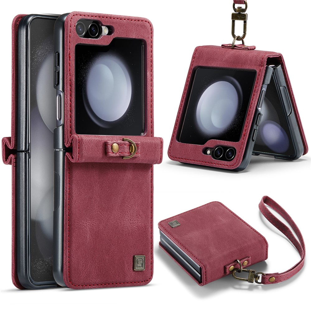 AUTSPACE For Samsung Galaxy Z Flip5 5G Case  A01 Retro Leather Phone Cover with Hand Strap - Red