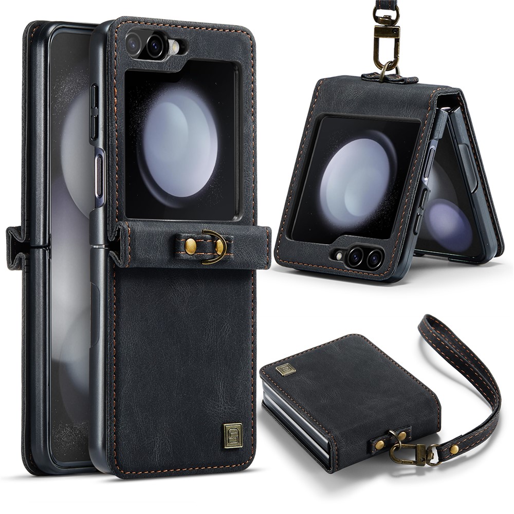 AUTSPACE For Samsung Galaxy Z Flip5 5G Case  A01 Retro Leather Phone Cover with Hand Strap - Black