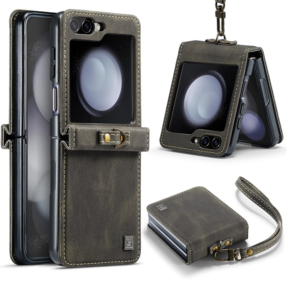 AUTSPACE For Samsung Galaxy Z Flip5 5G Case  A01 Retro Leather Phone Cover with Hand Strap - Coffee