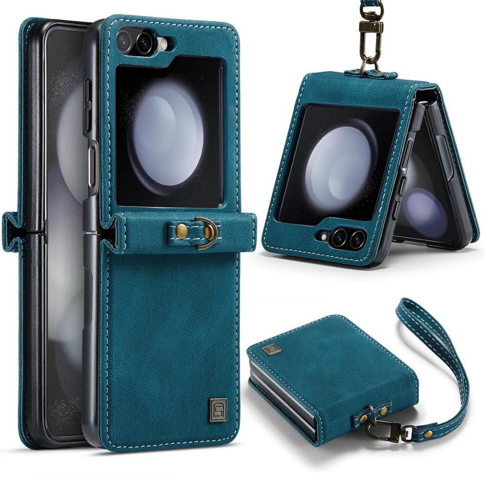 AUTSPACE For Samsung Galaxy Z Flip5 5G Case  A01 Retro Leather Phone Cover with Hand Strap - Blue