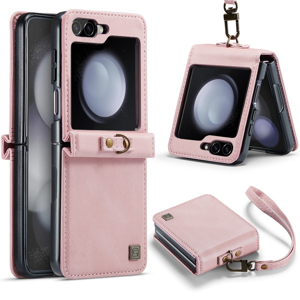 AUTSPACE For Samsung Galaxy Z Flip5 5G Case  A01 Retro Leather Phone Cover with Hand Strap - Pink