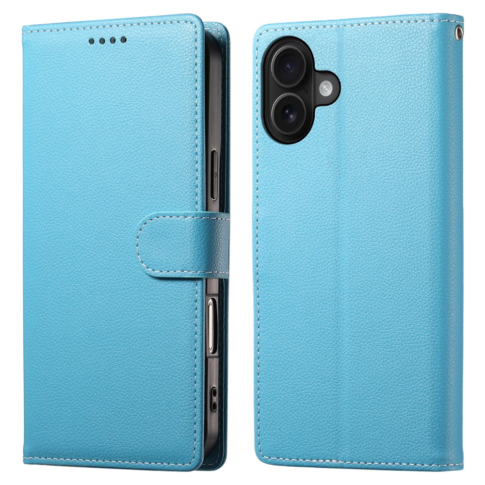 DF-012 For iPhone 16 Plus Case Litchi Texture Leather Wallet Stand Phone Cover - Sky Blue