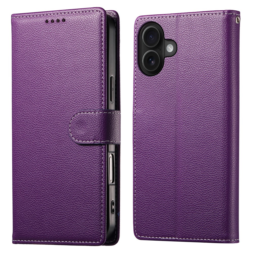 DF-012 For iPhone 16 Plus Case Litchi Texture Leather Wallet Stand Phone Cover - Purple