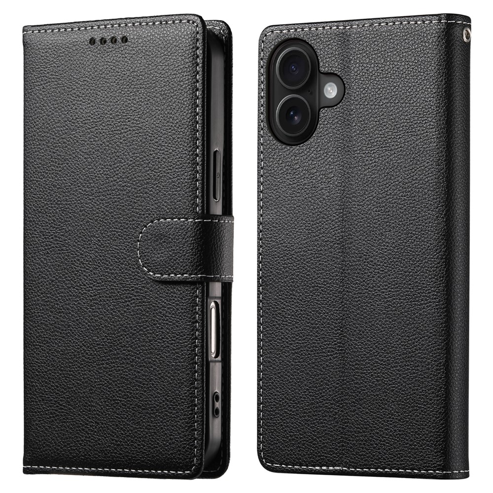 DF-012 For iPhone 16 Plus Case Litchi Texture Leather Wallet Stand Phone Cover - Black