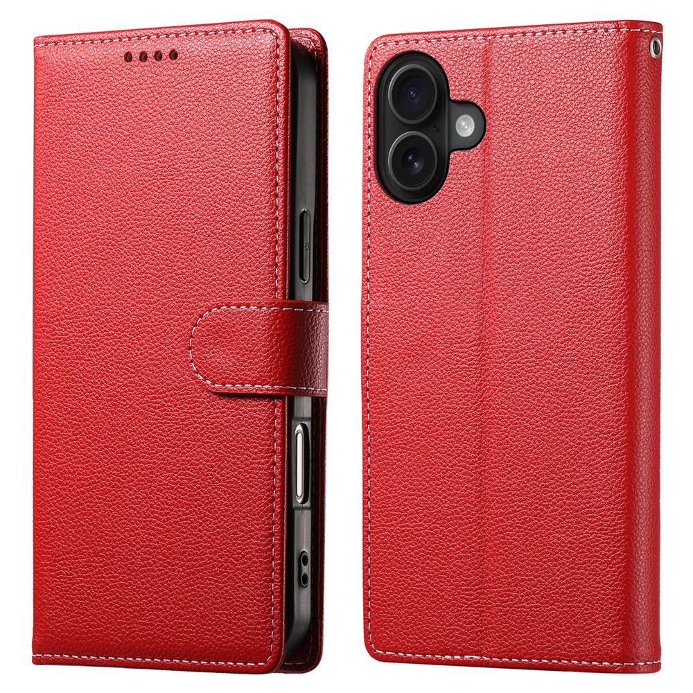 DF-012 For iPhone 16 Plus Case Litchi Texture Leather Wallet Stand Phone Cover - Red