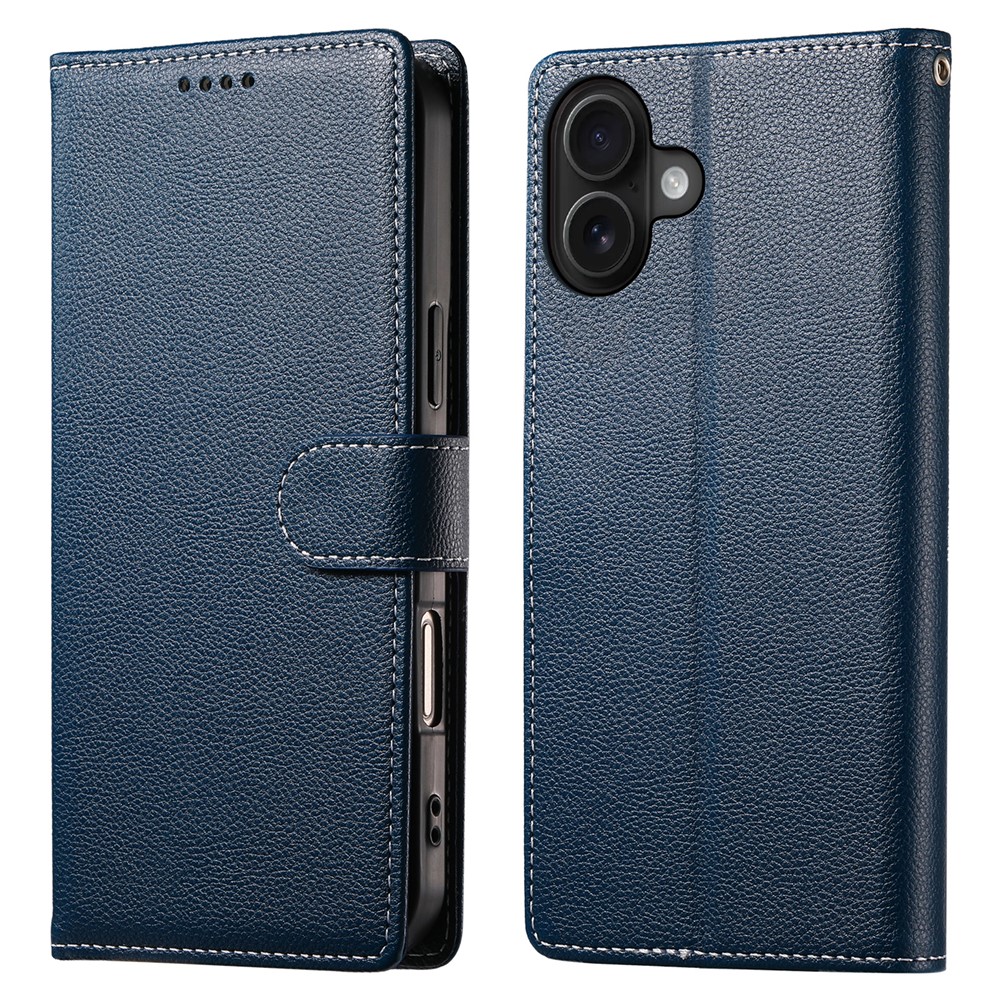 DF-012 For iPhone 16 Plus Case Litchi Texture Leather Wallet Stand Phone Cover - Dark Blue