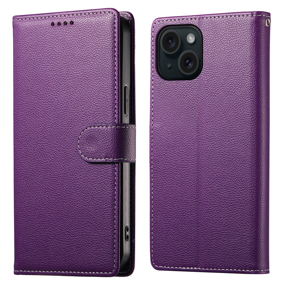 DF-012 For iPhone 15 Case Litchi Texture Leather Magnetic Clasp Wallet Stand Phone Cover - Purple