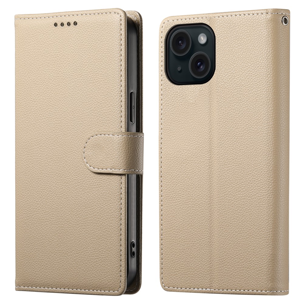 DF-012 For iPhone 15 Case Litchi Texture Leather Magnetic Clasp Wallet Stand Phone Cover - Apricot