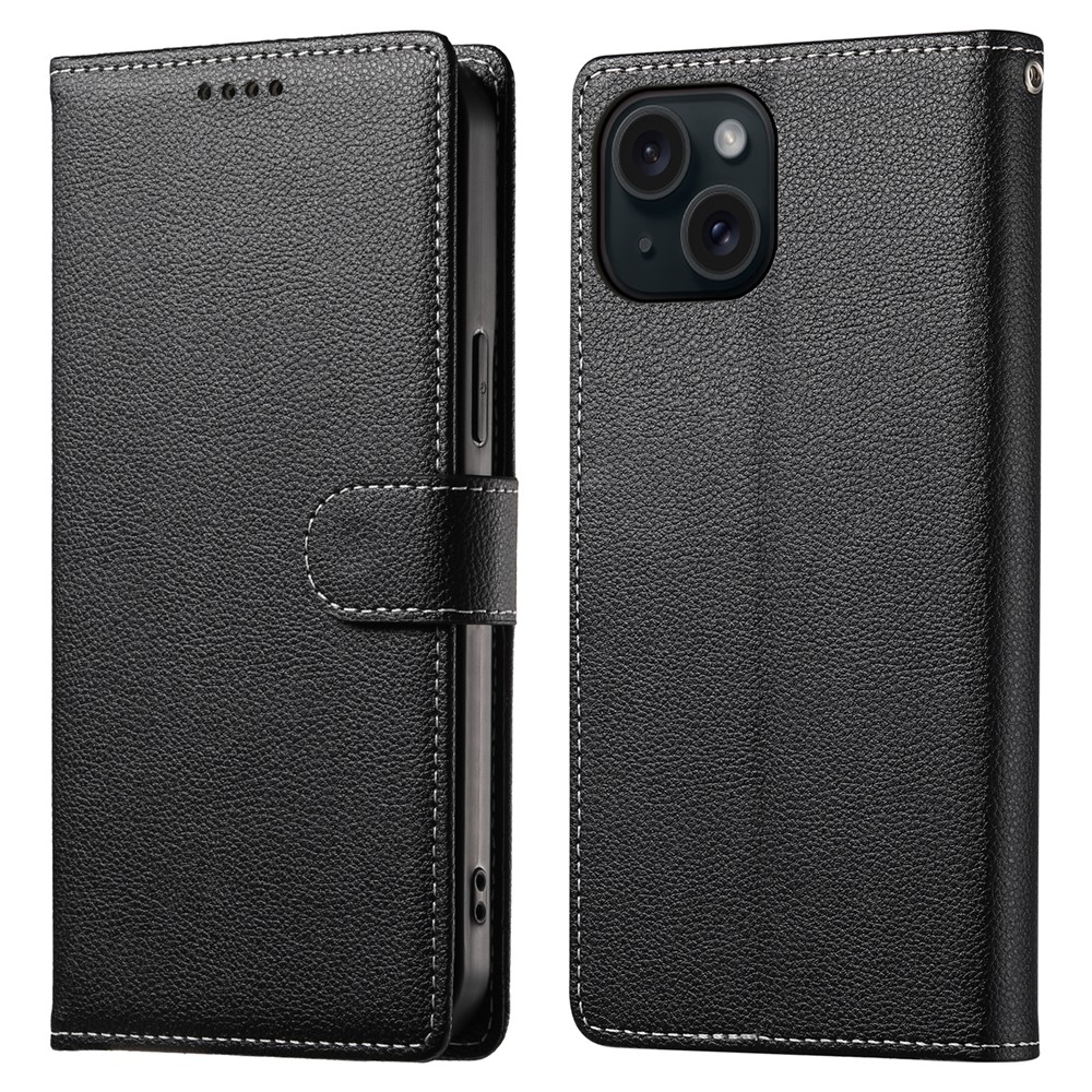 DF-012 For iPhone 15 Case Litchi Texture Leather Magnetic Clasp Wallet Stand Phone Cover - Black