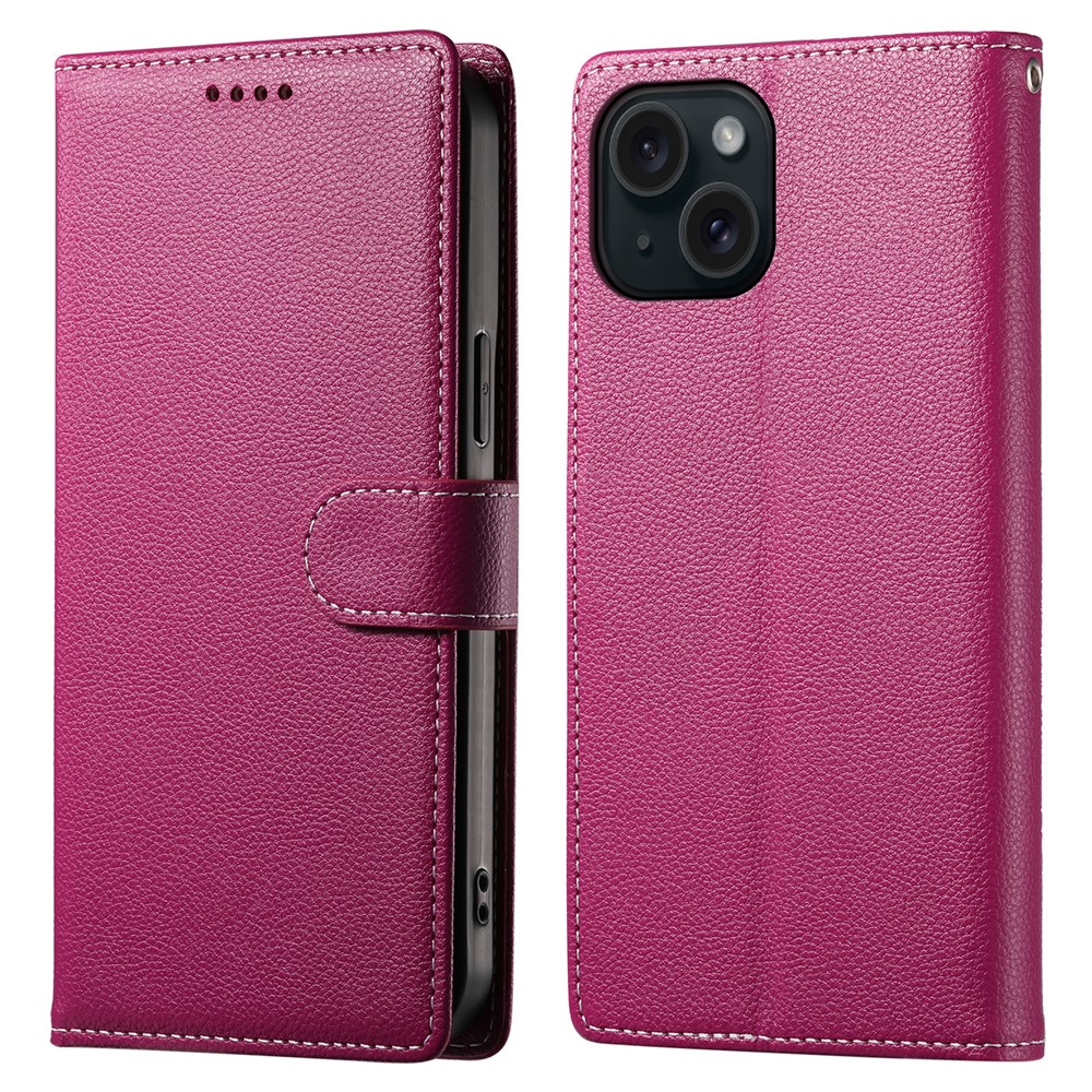 DF-012 For iPhone 15 Case Litchi Texture Leather Magnetic Clasp Wallet Stand Phone Cover - Rose
