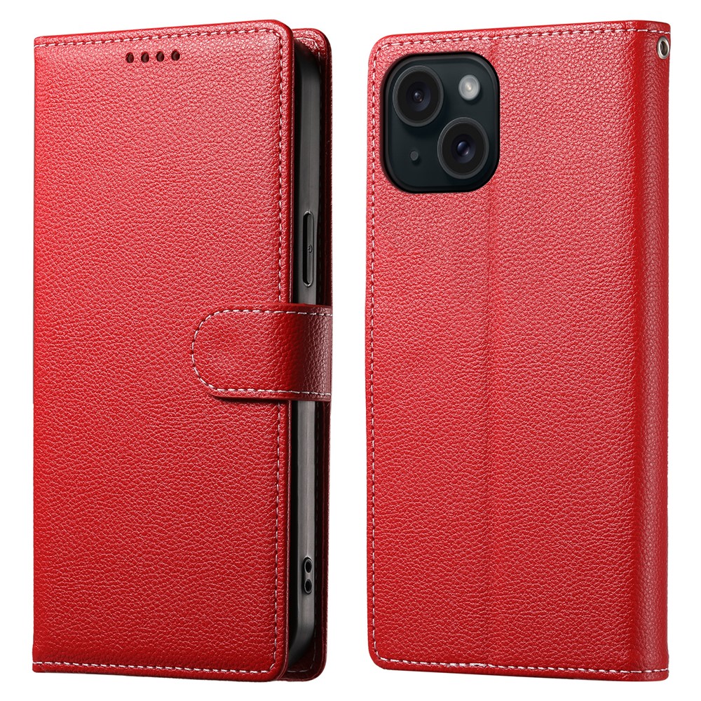 DF-012 For iPhone 15 Case Litchi Texture Leather Magnetic Clasp Wallet Stand Phone Cover - Red