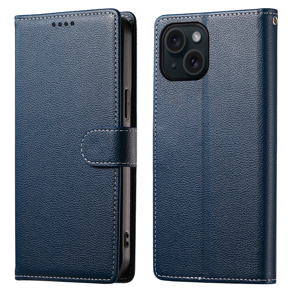 DF-012 For iPhone 15 Case Litchi Texture Leather Magnetic Clasp Wallet Stand Phone Cover - Dark Blue