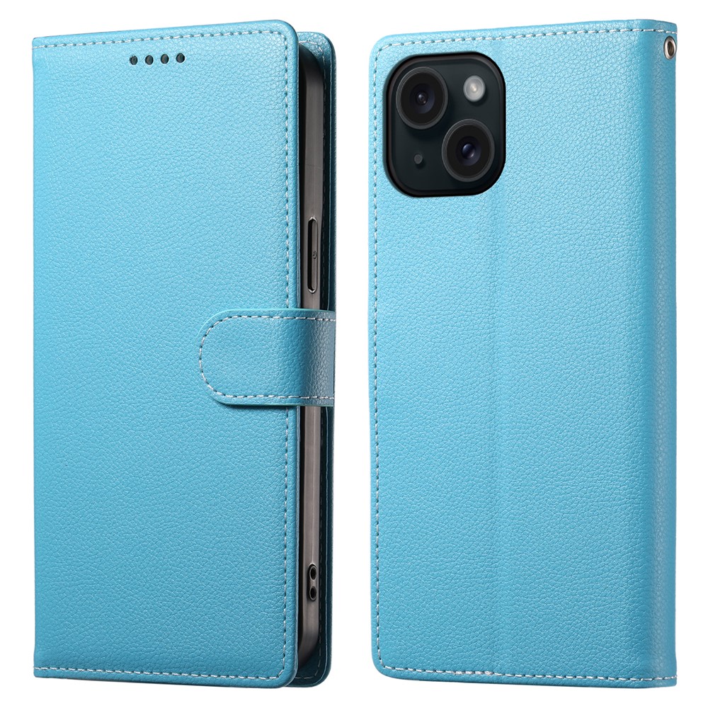 DF-012 For iPhone 15 Case Litchi Texture Leather Magnetic Clasp Wallet Stand Phone Cover - Sky Blue