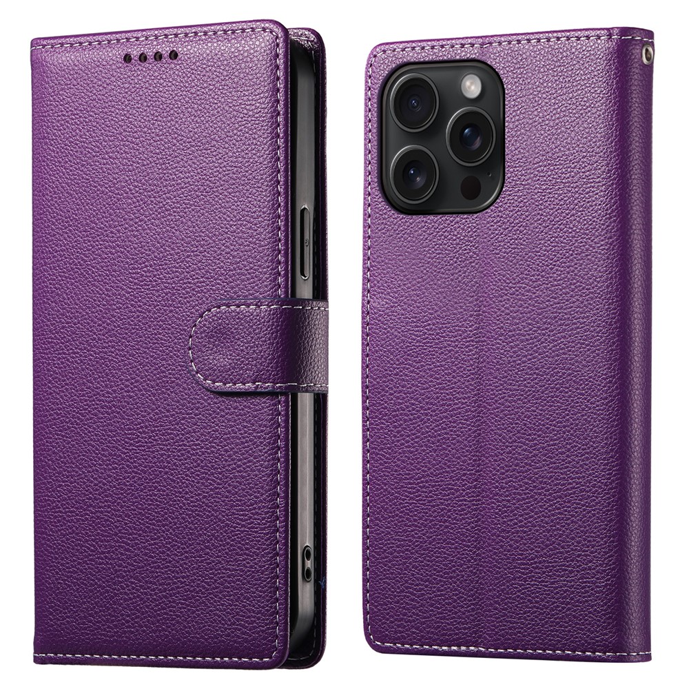 For iPhone 15 Pro Case Litchi Texture Leather Wallet Phone Cover Magnetic Snap - Purple