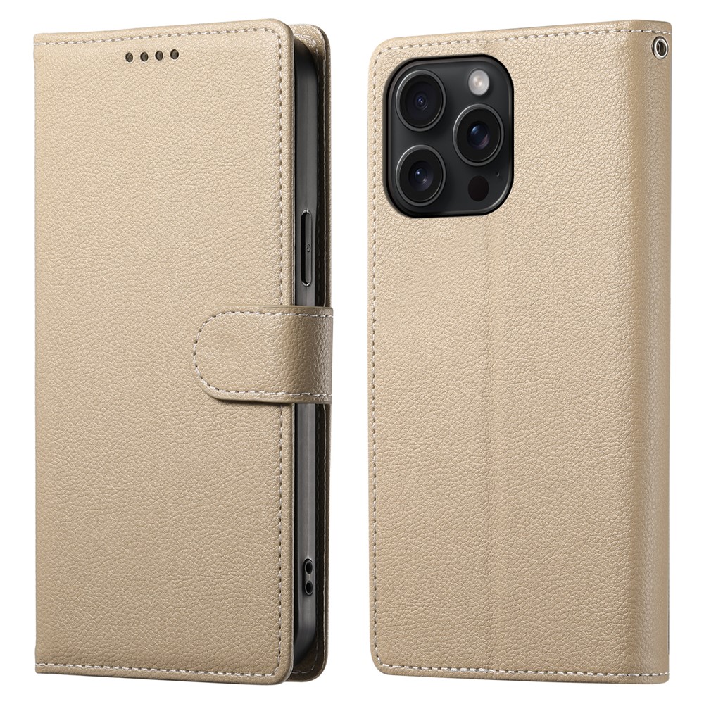 For iPhone 15 Pro Case Litchi Texture Leather Wallet Phone Cover Magnetic Snap - Apricot