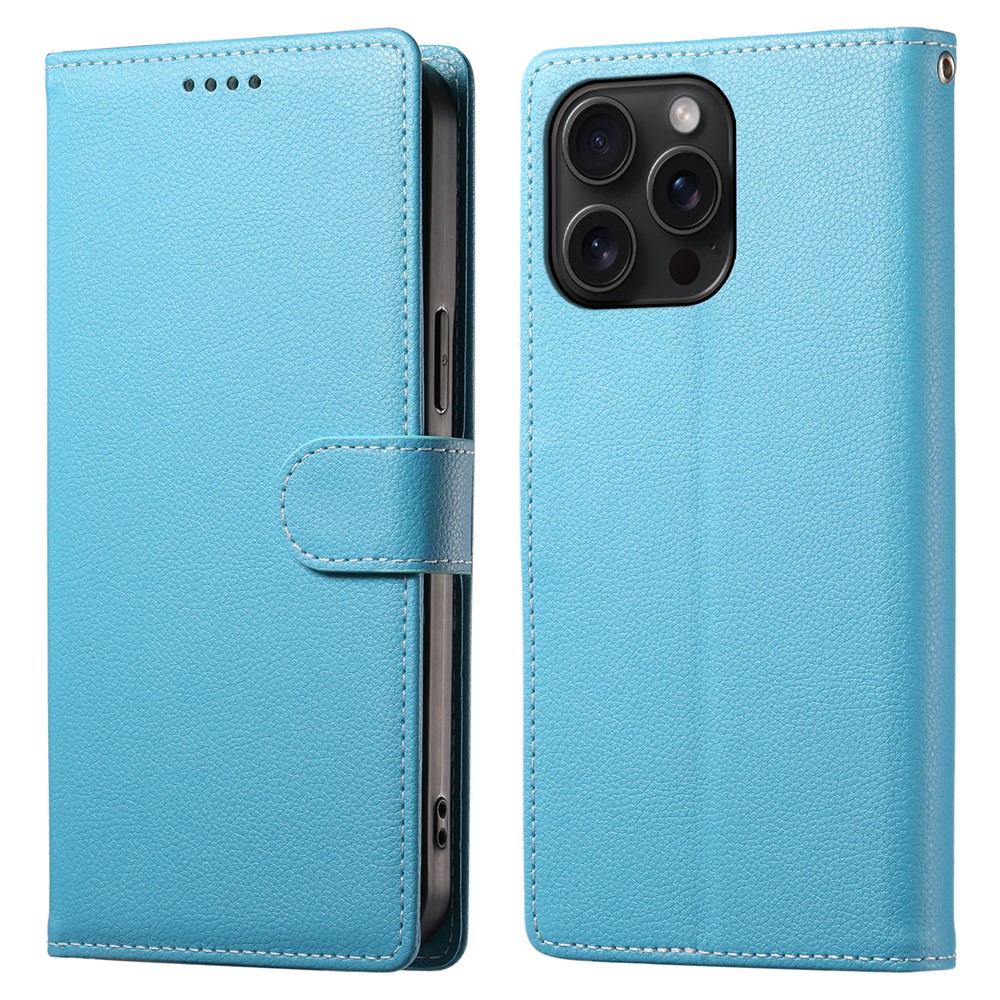 For iPhone 15 Pro Case Litchi Texture Leather Wallet Phone Cover Magnetic Snap - Sky Blue