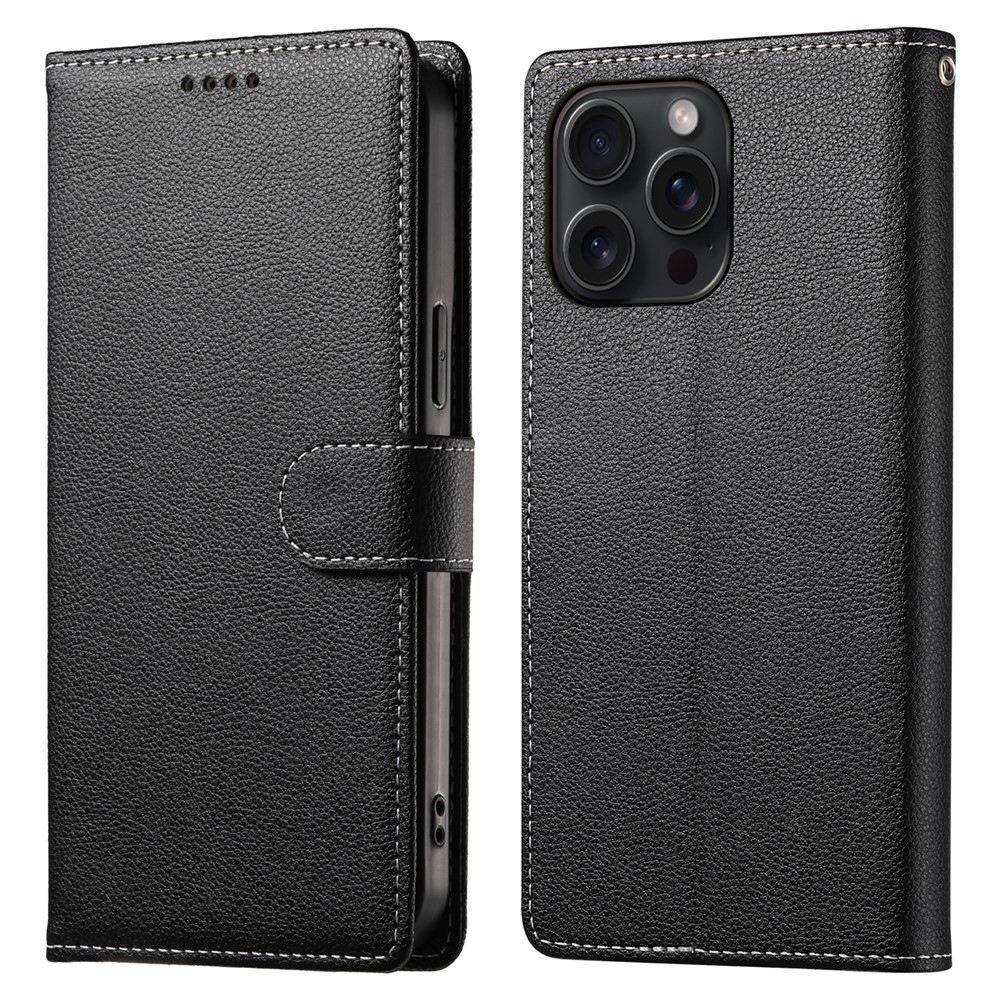 For iPhone 15 Pro Max Stand Case Litchi Texture Leather Wallet Phone Cover Magnetic Snap - Black