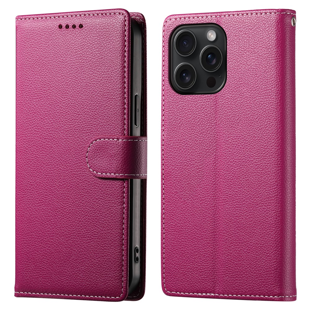 For iPhone 15 Pro Max Stand Case Litchi Texture Leather Wallet Phone Cover Magnetic Snap - Rose