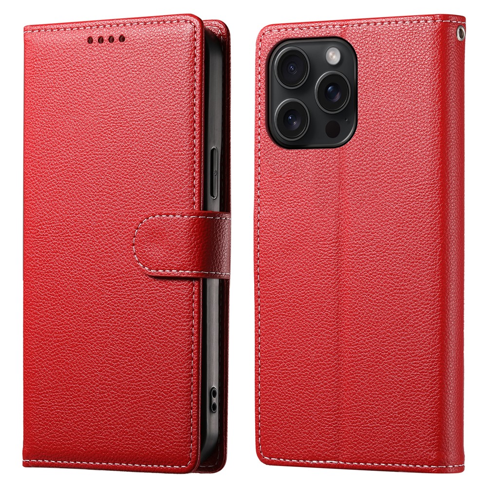 For iPhone 15 Pro Max Stand Case Litchi Texture Leather Wallet Phone Cover Magnetic Snap - Red