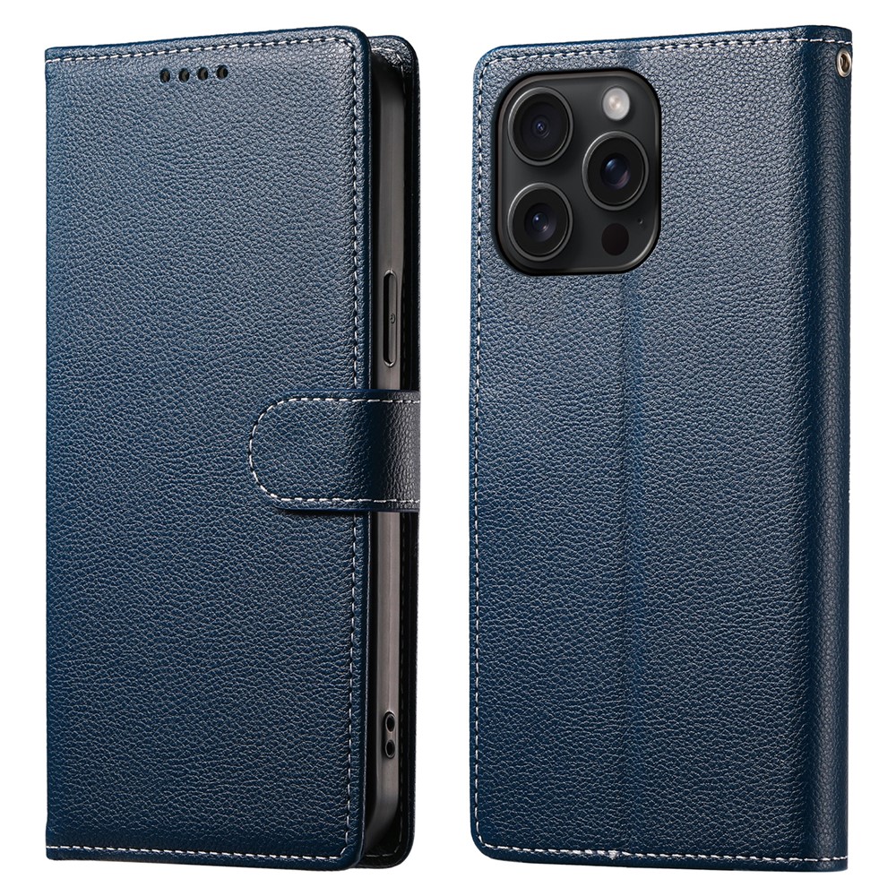 For iPhone 15 Pro Max Stand Case Litchi Texture Leather Wallet Phone Cover Magnetic Snap - Dark Blue