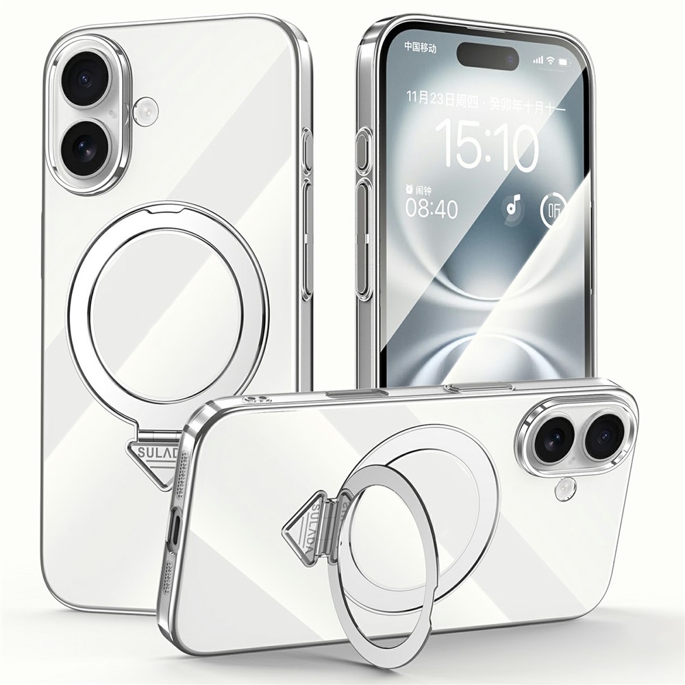 SULADA For iPhone 16 Plus Case Compatible with MagSafe Kickstand Clear PC Phone Cover - Titanium Silver