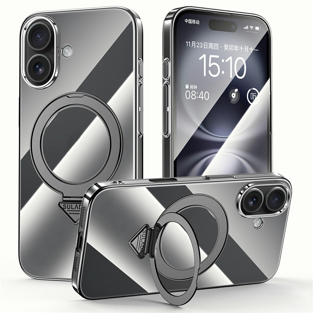 SULADA For iPhone 16 Plus Case Compatible with MagSafe Kickstand Clear PC Phone Cover - Titanium Black