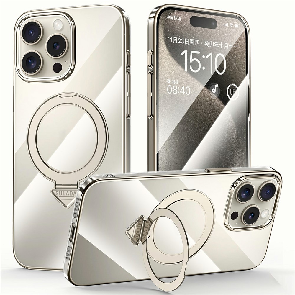 SULADA For iPhone 15 Pro Max Case Compatible with MagSafe Kickstand Clear PC Phone Cover - Titanium Grey