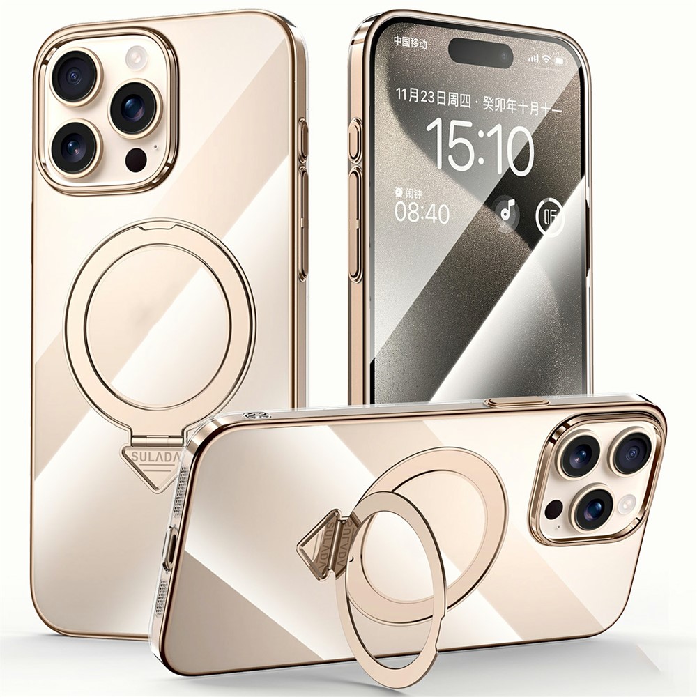 SULADA For iPhone 15 Pro Case Compatible with MagSafe Kickstand Clear PC Phone Cover - Titanium Gold