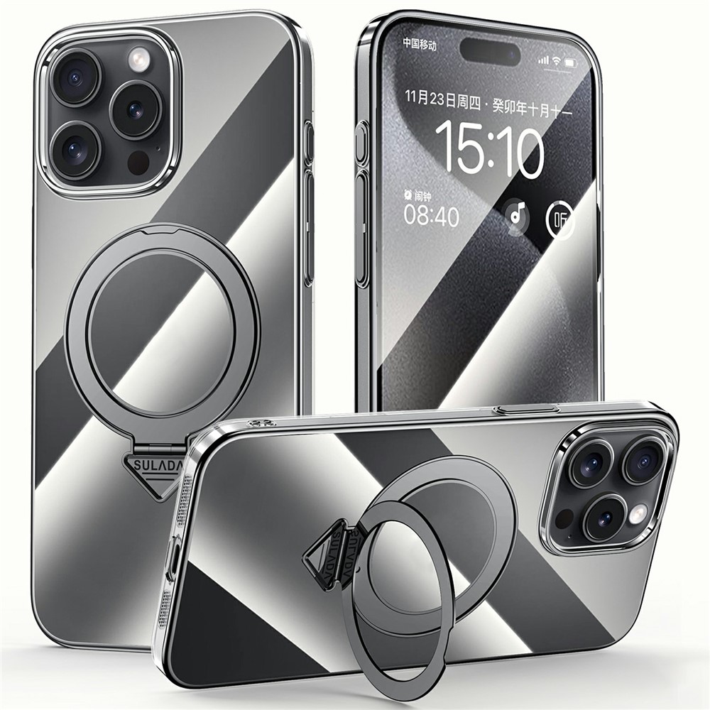 SULADA For iPhone 15 Pro Case Compatible with MagSafe Kickstand Clear PC Phone Cover - Titanium Black