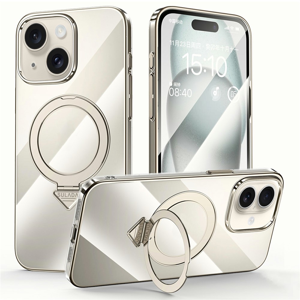 SULADA For iPhone 15 Case Compatible with MagSafe Electroplated Foldable Kickstand Clear PC Phone Cover - Titanium Grey