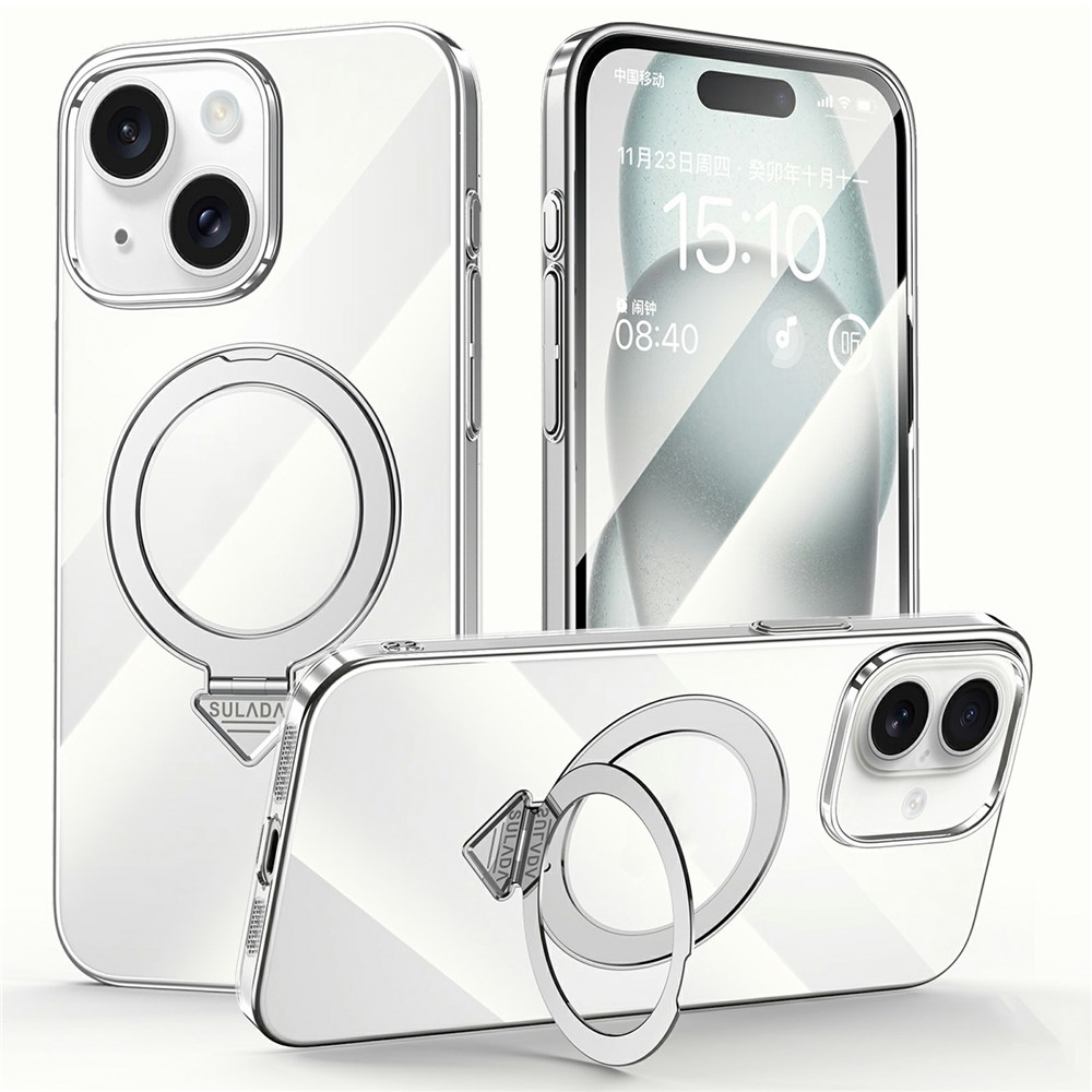 SULADA For iPhone 15 Case Compatible with MagSafe Electroplated Foldable Kickstand Clear PC Phone Cover - Titanium Silver