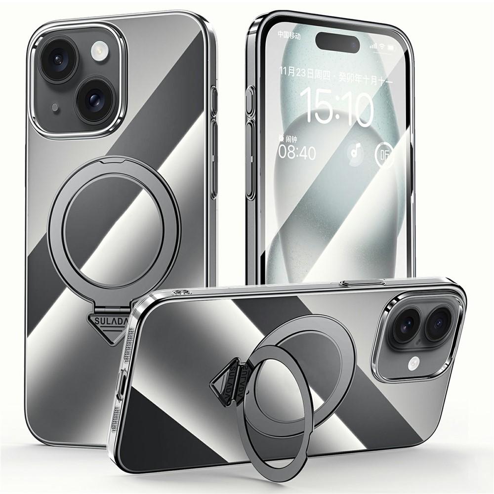 SULADA For iPhone 15 Case Compatible with MagSafe Electroplated Foldable Kickstand Clear PC Phone Cover - Titanium Black