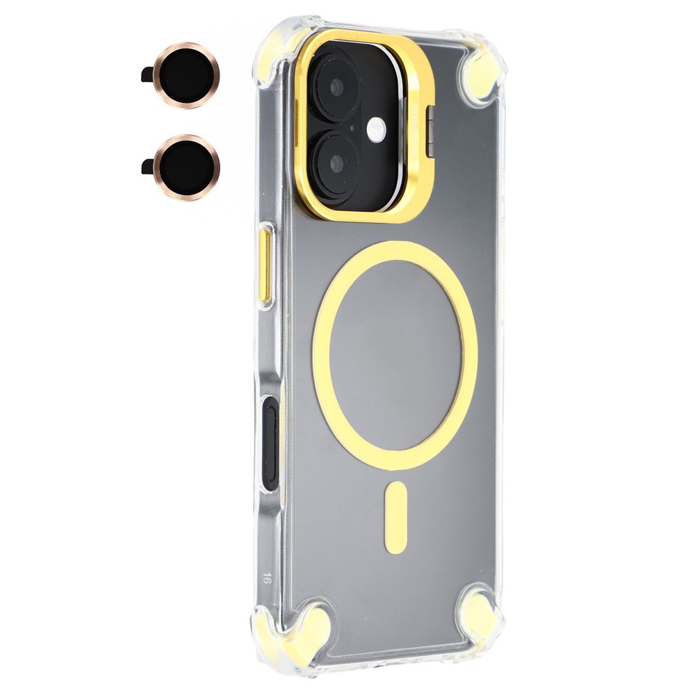 For iPhone 16 Plus Magnetic Clear Case Shockproof Hybrid Phone Shell with Camera Lens Frame Kickstand - Gold