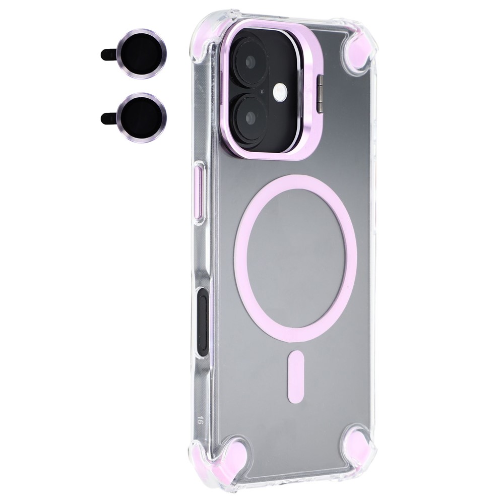 For iPhone 16 Plus Magnetic Clear Case Shockproof Hybrid Phone Shell with Camera Lens Frame Kickstand - Purple