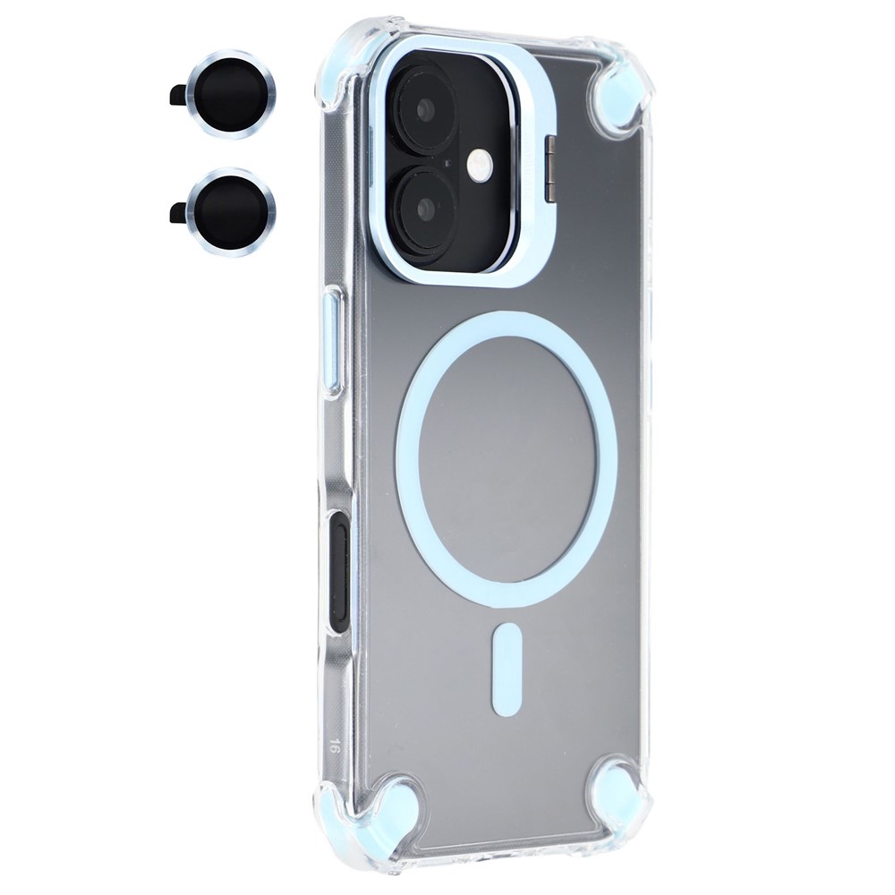 For iPhone 16 Plus Magnetic Clear Case Shockproof Hybrid Phone Shell with Camera Lens Frame Kickstand - Baby Blue