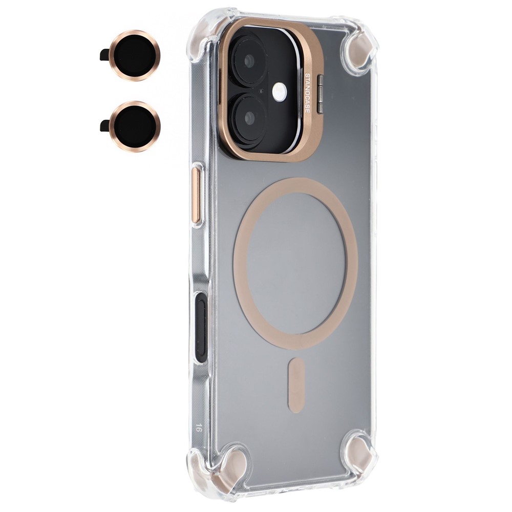 For iPhone 16 Plus Magnetic Clear Case Shockproof Hybrid Phone Shell with Camera Lens Frame Kickstand - Brown