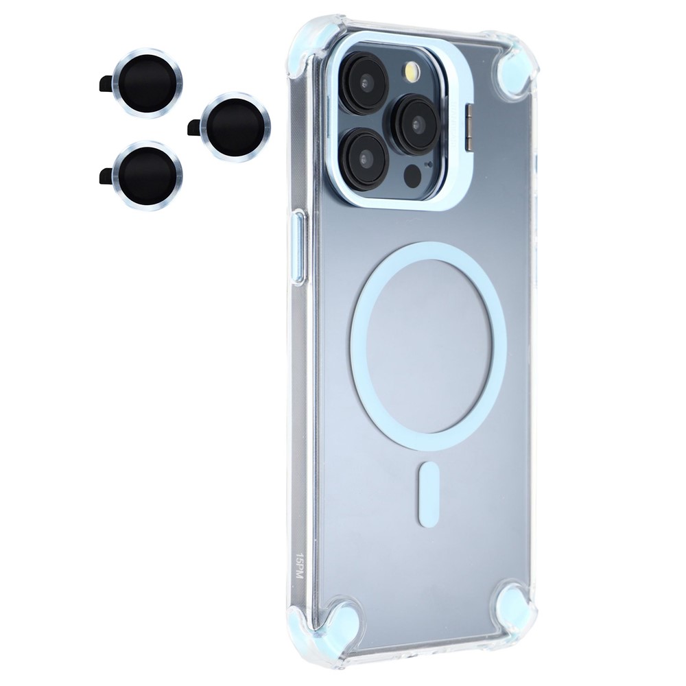 For iPhone 15 Pro Max Magnetic Clear Case Shockproof Hybrid Phone Shell with Camera Lens Frame Kickstand - Baby Blue