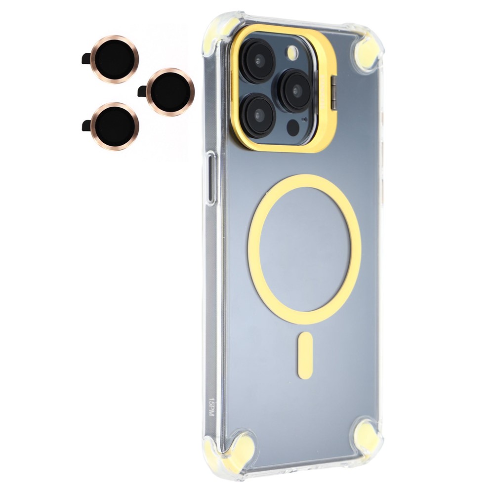 For iPhone 15 Pro Max Magnetic Clear Case Shockproof Hybrid Phone Shell with Camera Lens Frame Kickstand - Gold