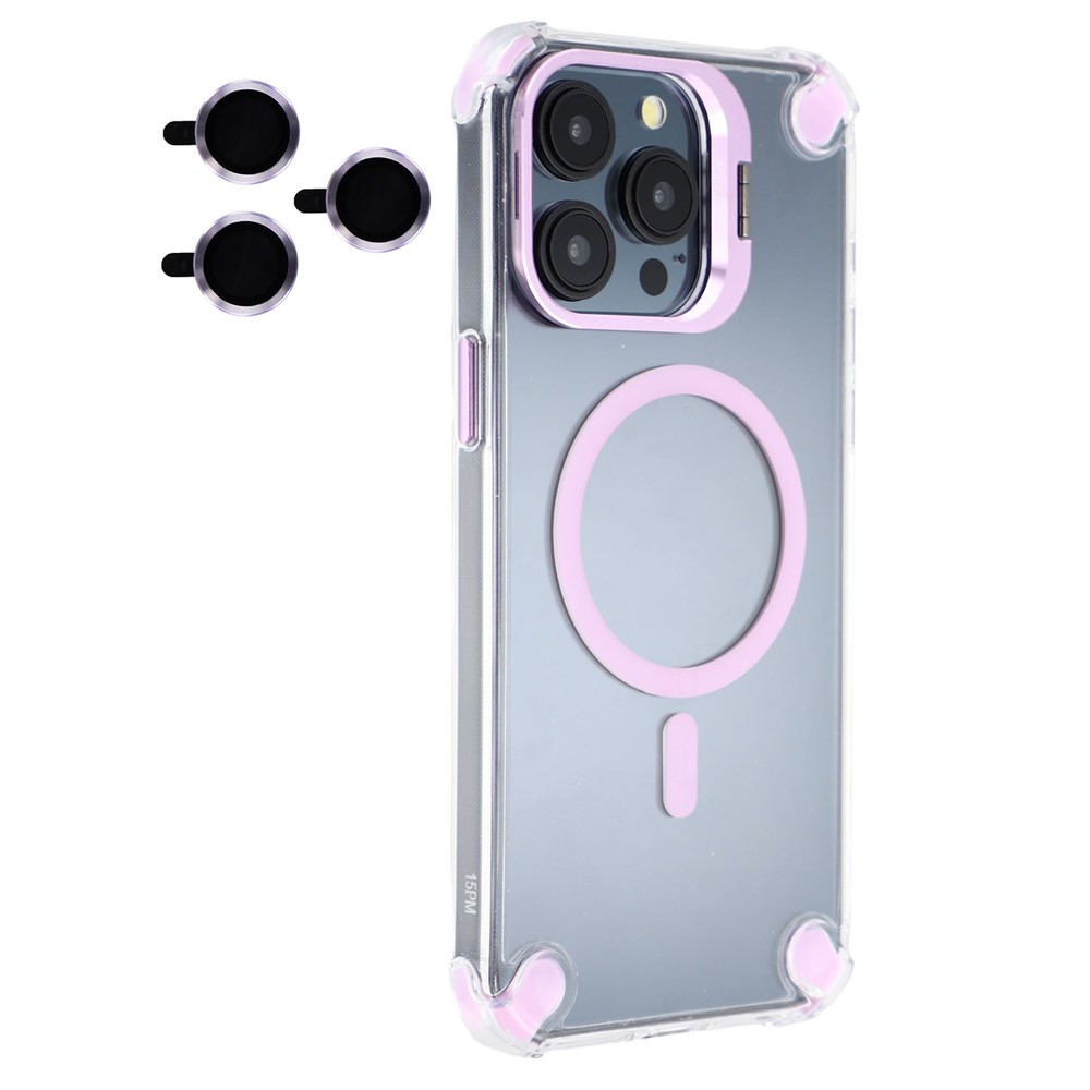 For iPhone 15 Pro Max Magnetic Clear Case Shockproof Hybrid Phone Shell with Camera Lens Frame Kickstand - Purple