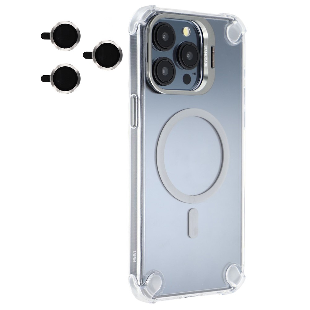 For iPhone 15 Pro Max Magnetic Clear Case Shockproof Hybrid Phone Shell with Camera Lens Frame Kickstand - Grey