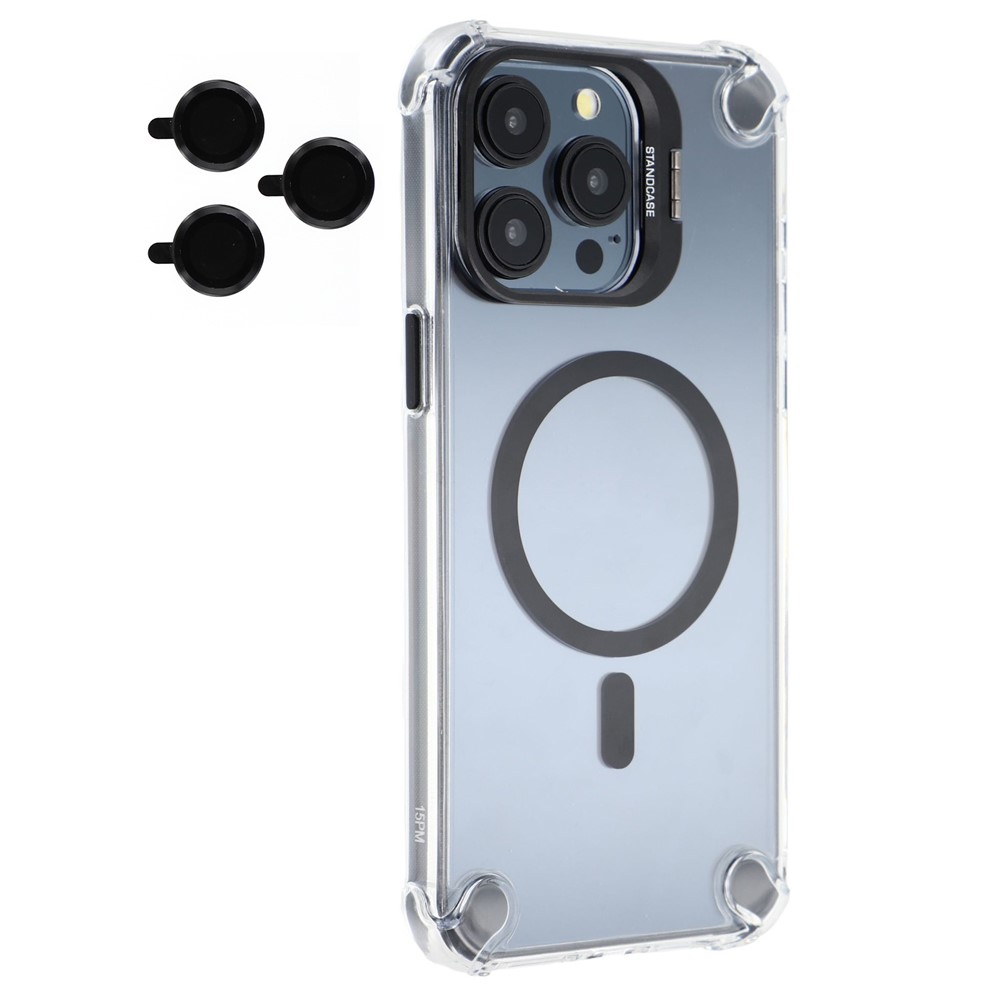 For iPhone 15 Pro Magnetic Clear Case Shockproof Hybrid Phone Shell with Camera Lens Frame Kickstand - Black