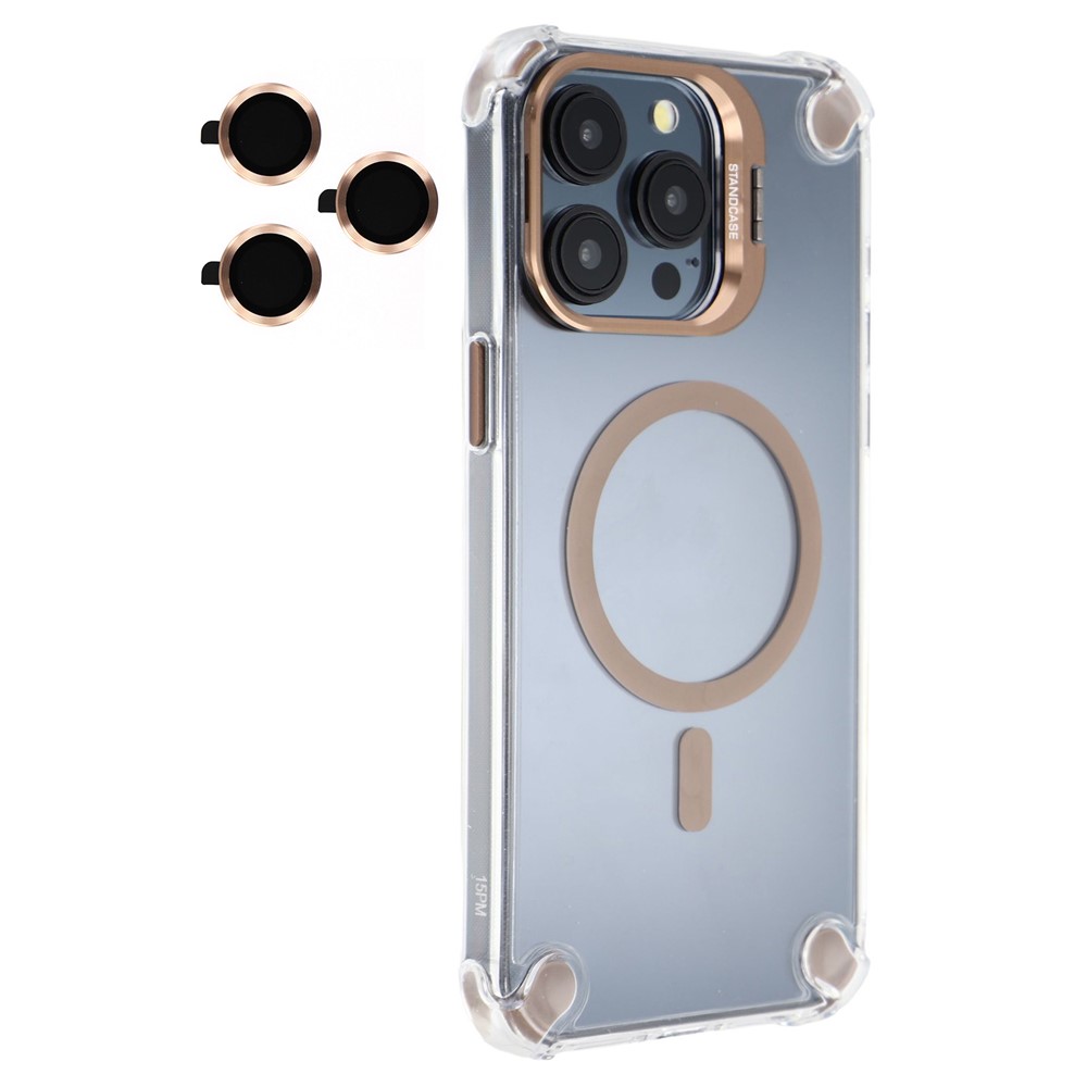 For iPhone 15 Pro Magnetic Clear Case Shockproof Hybrid Phone Shell with Camera Lens Frame Kickstand - Brown