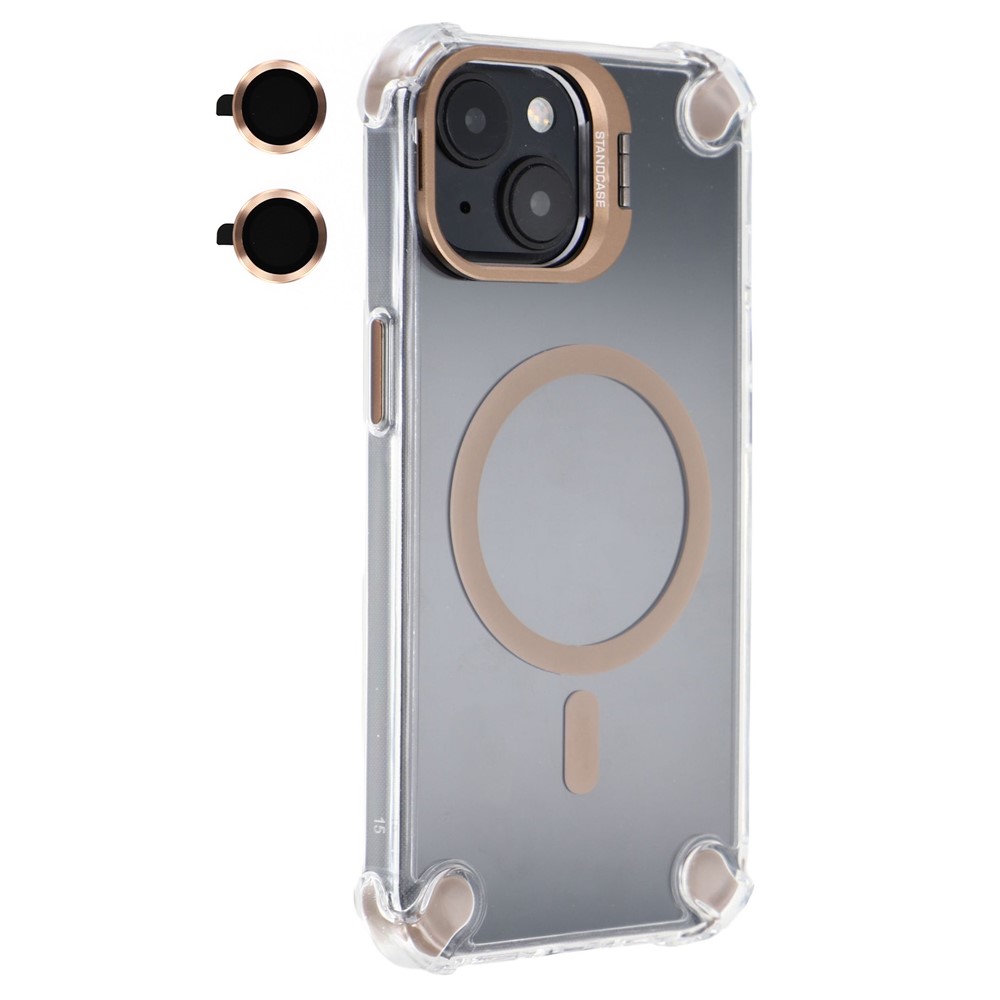 For iPhone 15 Magnetic Clear Case Shockproof Hybrid Phone Shell with Camera Lens Frame Kickstand - Brown