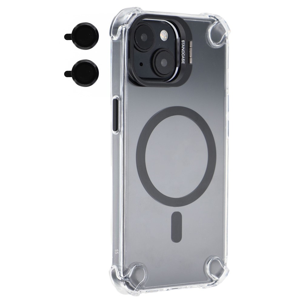 For iPhone 15 Magnetic Clear Case Shockproof Hybrid Phone Shell with Camera Lens Frame Kickstand - Black