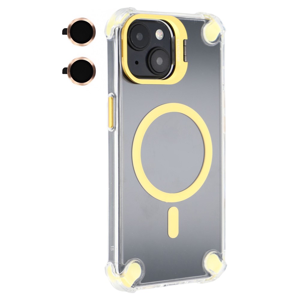 For iPhone 15 Magnetic Clear Case Shockproof Hybrid Phone Shell with Camera Lens Frame Kickstand - Gold