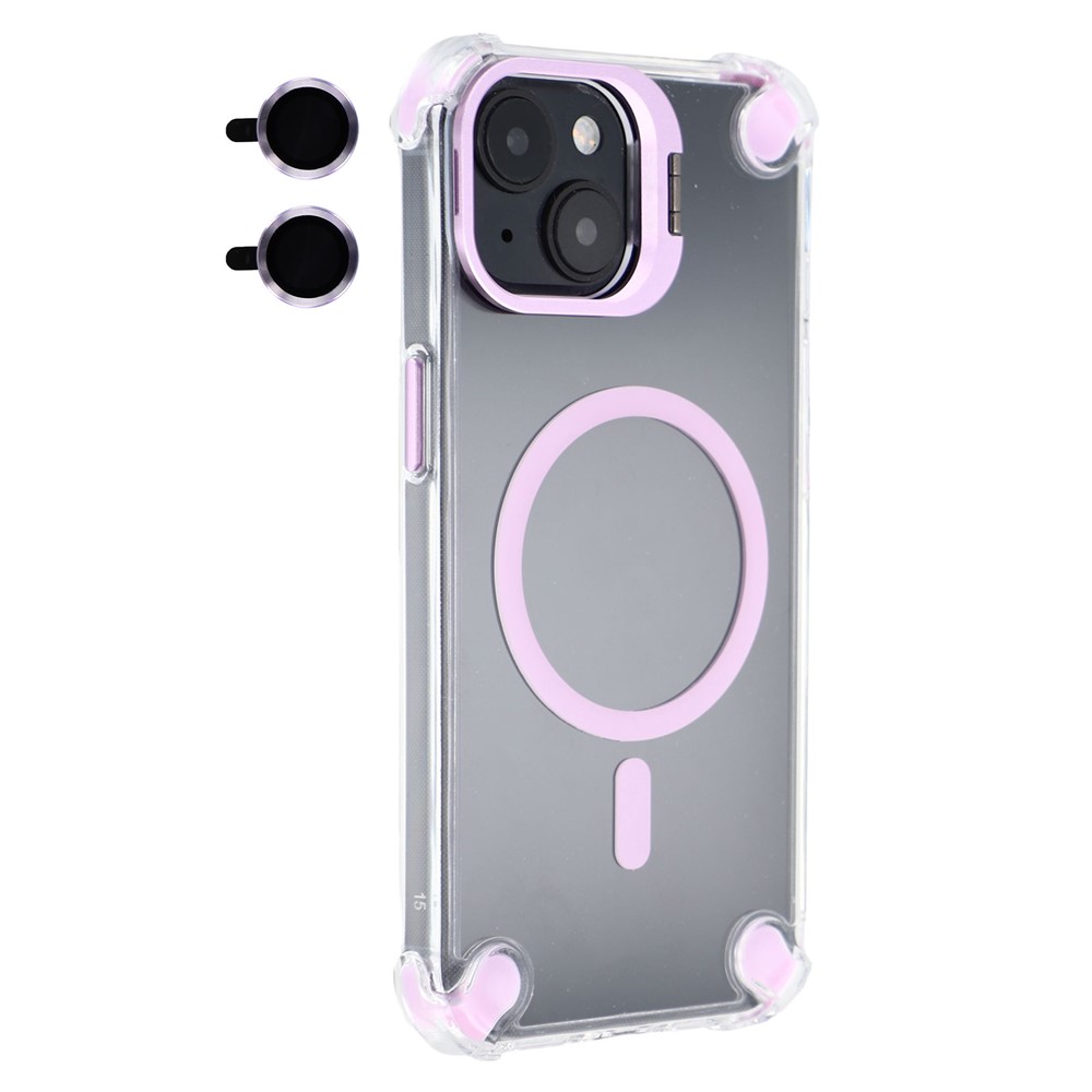 For iPhone 15 Magnetic Clear Case Shockproof Hybrid Phone Shell with Camera Lens Frame Kickstand - Purple