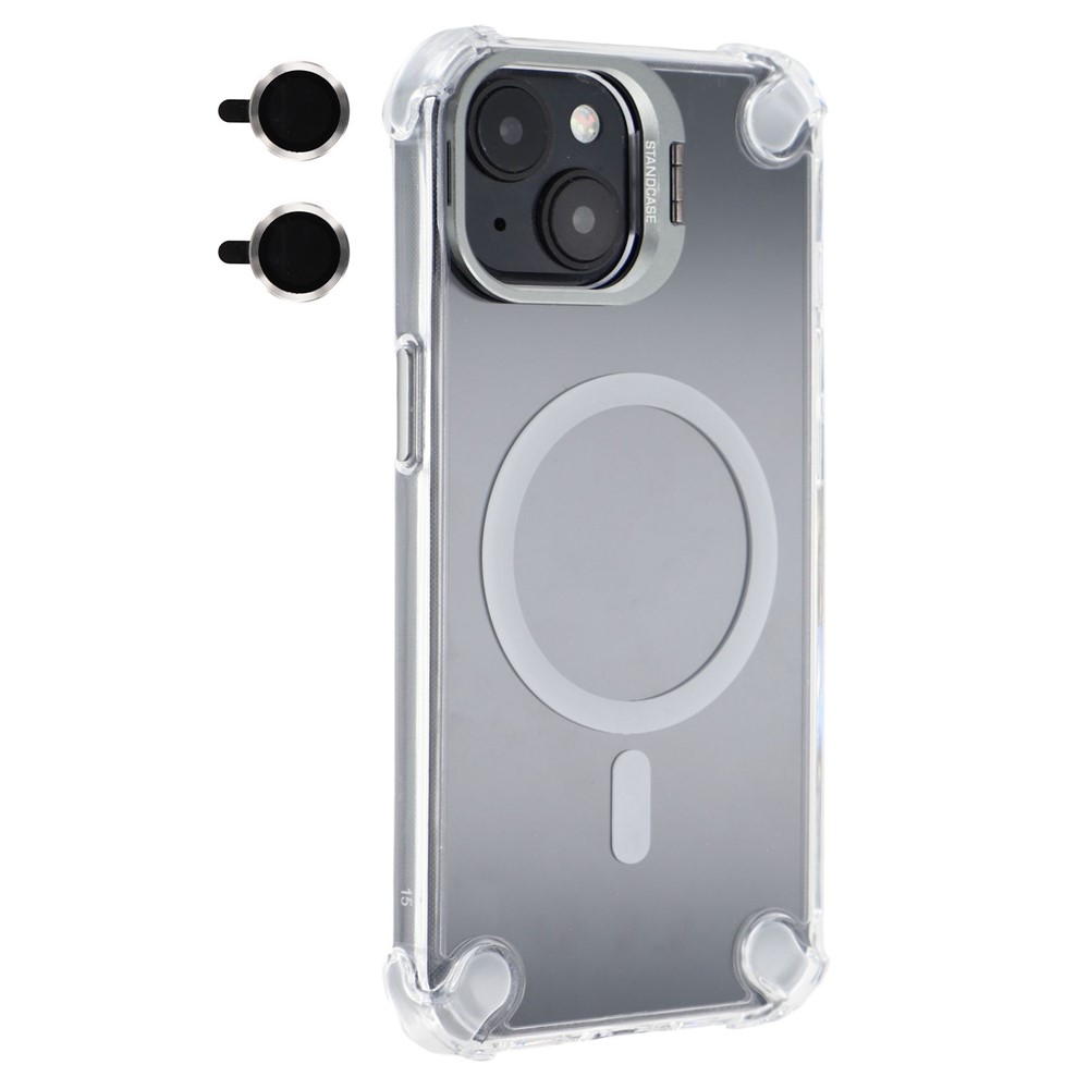 For iPhone 15 Magnetic Clear Case Shockproof Hybrid Phone Shell with Camera Lens Frame Kickstand - Grey