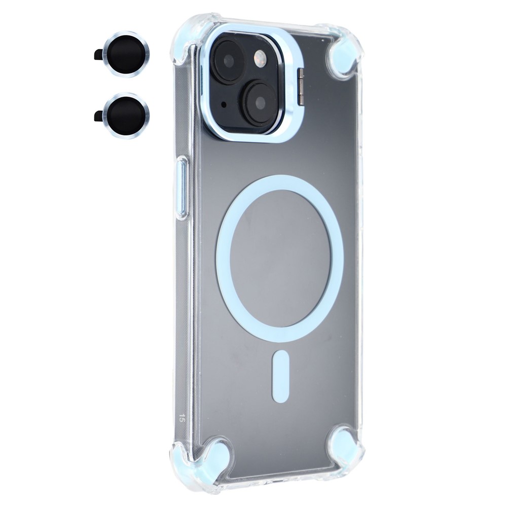 For iPhone 15 Magnetic Clear Case Shockproof Hybrid Phone Shell with Camera Lens Frame Kickstand - Baby Blue