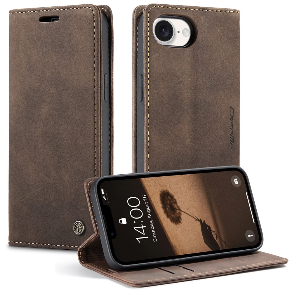 For iPhone 16e Wallet Case CASEME 013 Series PU Leather Phone Cover Stand - Coffee